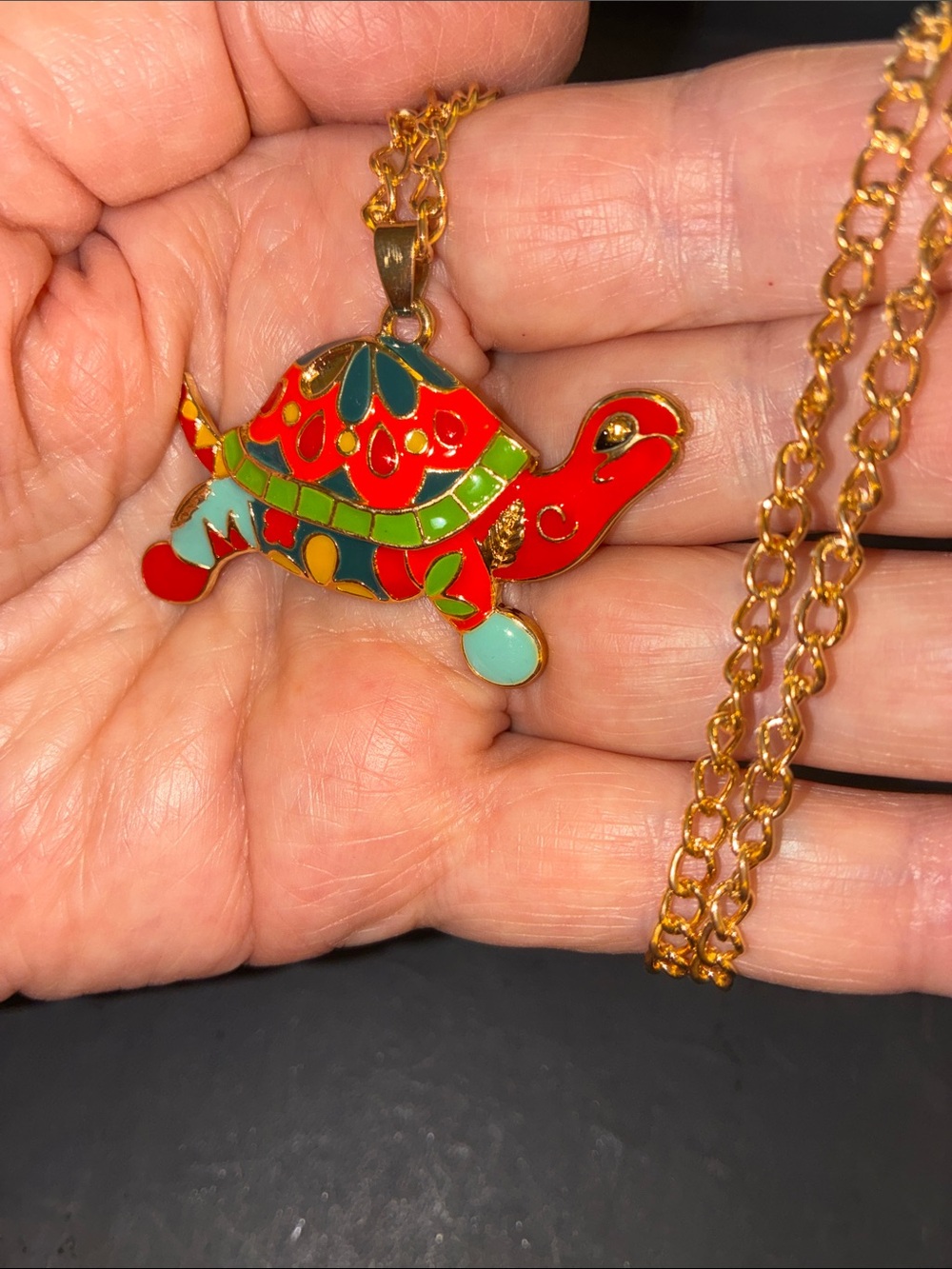 Colorful Turtle Pendant Necklace - Gold Chain, Red & Green Enamel